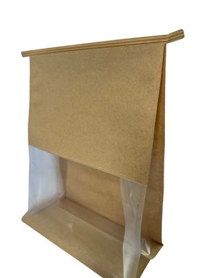 Papel marrón de bajo olor Bolsa de fondo plana con ventana personalizada y corbata de hojalata