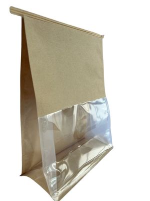 Papel marrón de bajo olor Bolsa de fondo plana con ventana personalizada y corbata de hojalata